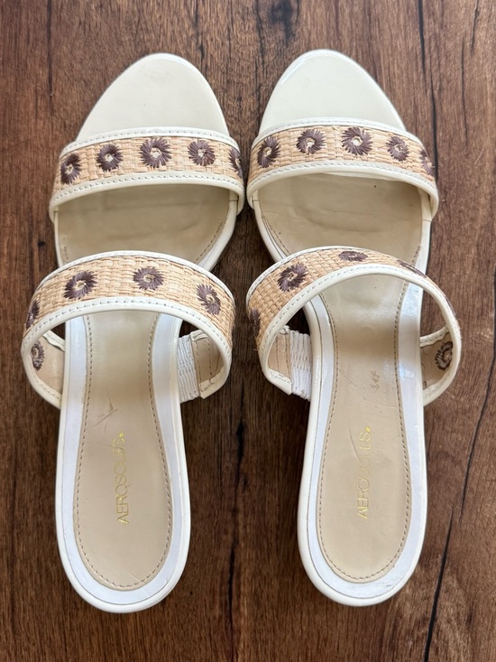 AEROSOLES Shoes - AEROSOLES Cream Braided Double-Strap Slide Sandals with Floral Stitching